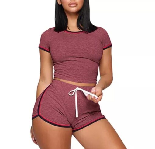 Wine Red Splice Tight Top with Shorts Set