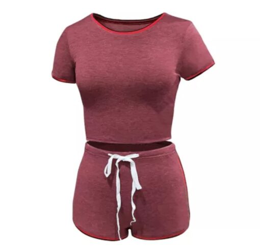 Wine Red Splice Tight Top with Shorts Set - Image 2