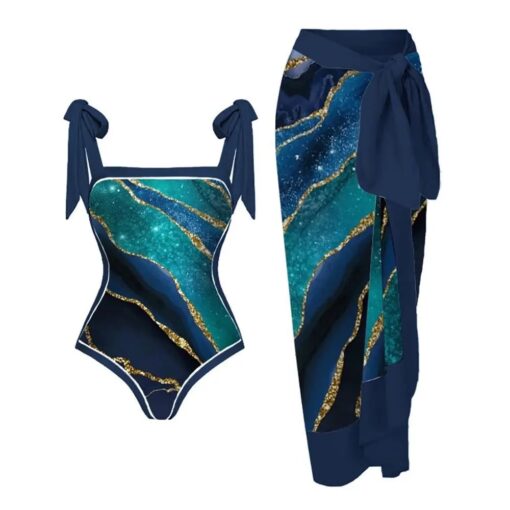 Marble Print One Piece Swimsuit And Cover